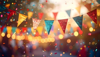 A string of colorful festive bunting flags hangs across the foreground, with confetti falling and a warm, bokeh background of lights from a celebration or outdoor fair.