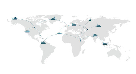 World map illustration showcasing shipping routes with dashed lines and cargo ships © Donjuan Studio