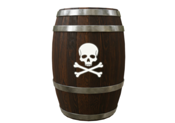 Isolated wooden pirate barrel with skull and crossbones symbol vintage treasure chest container for rum or gold storage old maritime adventure concept