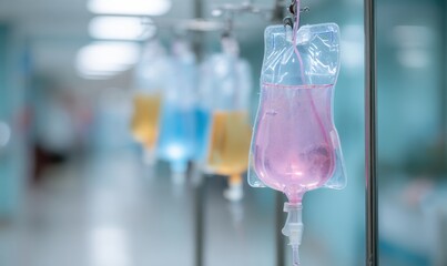 IV bags hang in a hospital corridor during a treatment session
