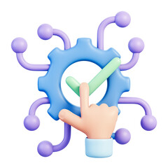 AI gear with checkmark and hand touch for approval and validation, compliance review, workflow automation and process control, verification dashboard, quality assurance, monitoring, 3d illustration