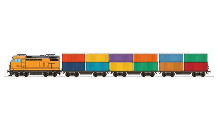 Yellow train with colorful shipping containers rolling on a track