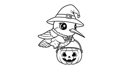 Whimsical Halloween Hummingbird: A charming illustration features a hummingbird in a witch's hat, perched alongside a carved pumpkin, the perfect essence of Halloween. 