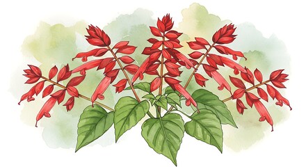 Watercolor illustration of red salvia flowers and green leaves on white