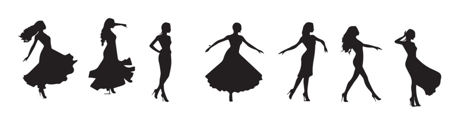  set of black silhouette dancer girl vector illustration