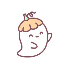 Cute pumpkin hat ghost icon. Funny little spirit wearing a little pumpkin cap. Adorable spooky character for autumn holiday decoration and halloween party design. Kawaii sticker. Vector 10 EPS.