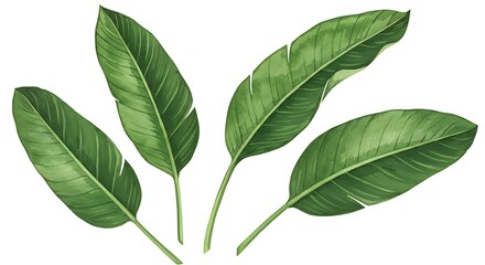 Watercolor illustration of tropical green leaves against white background