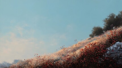 Painterly hillside meadow bursting with wildflowers under a serene blue sky