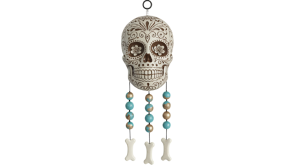 Ornate Day of the Dead skull decoration with beads and bones