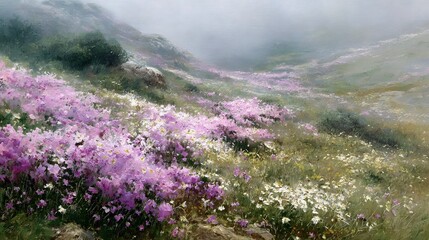 Misty floral hillside painting with vibrant pink and white blooms covering the slopes