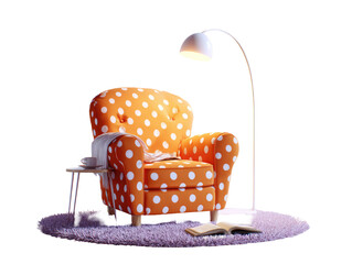 Orange polka-dot armchair, lamp, and small table on a rug