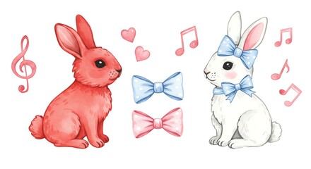 Watercolor illustration of two rabbits musical notes hearts and bows design