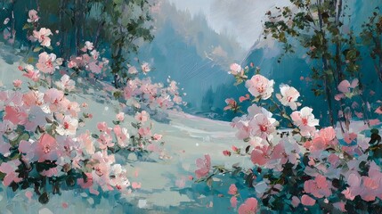 Impressionistic oil painting of a blooming floral hillside with pastel pink roses and a dreamy misty mountain background