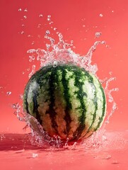A refreshing watermelon bursts with water splashes against a vibrant coral background