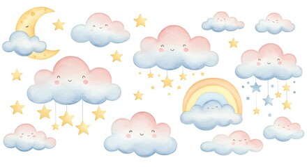 Watercolor illustration of various clouds stars rainbow and moon on white