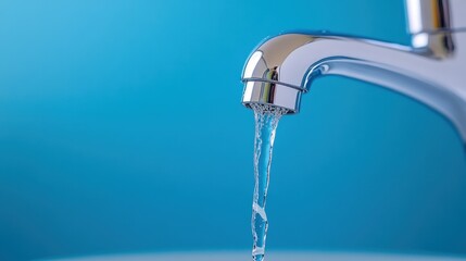 Clean Water Flowing from a Modern Kitchen Faucet with Blue Background