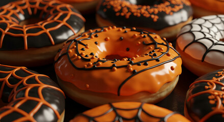 Halloween donuts glazed in black and orange colors with sprinkles