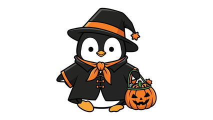 Penguin in Costume: A cartoon penguin, clad in a spooky costume, embraces the spirit of Halloween, carrying a carved pumpkin basket, ready for trick-or-treating.