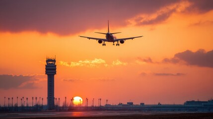 Fototapeta premium An airplane approaches the runway as the sun sets casting vibrant colors in the sky. The control tower stands tall against the beautiful backdrop of orange and purple hues.