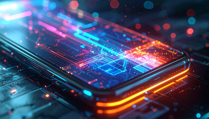 Fototapeta premium Futuristic Smartphone: An illuminated smartphone showcasing digital technology, with neon light display, vibrant and dynamic, a symbol of innovation and communication.