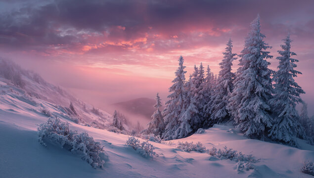 Misty winter mountain landscape with snow covered pine trees and a vibrant pink and purple sunset sky - Powered by Adobe