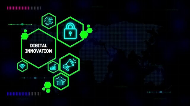 Digital innovation conceptual illustration showcasing global business strategy, collaboration, and innovative ideas with modern abstract graphics and international connectivity elements.