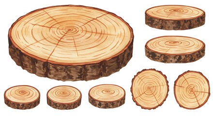 Watercolor illustration of various wooden tree slices isolated on white