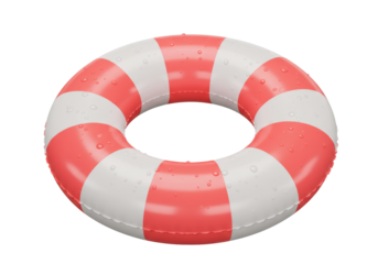Isolated red and white striped lifebuoy with water droplets summer safety equipment for beach vacation and swimming pool fun