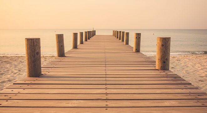 Wooden pier extending over calm water towards horizon under a clear sky