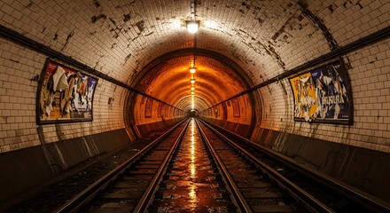 Illuminated railway tunnel with wet tracks and aged brickwork displaying decaying posters offering a glimpse into time