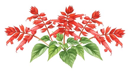 Watercolor illustration of vibrant red flowers with green foliage on white background