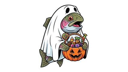 Spooky Fish: A whimsical illustration of a fish in a ghost costume carrying a Halloween pumpkin basket filled with candy.