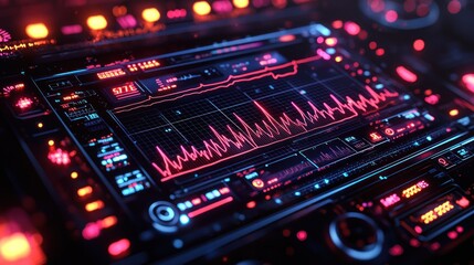 Obraz premium Lit dashboard with glowing graphs and buttons in a dark setting