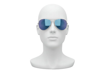 Isolated bald mannequin head wearing stylish silver frame aviator sunglasses with vibrant blue reflective lenses a modern fashion accessory display