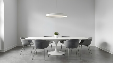 A minimalist dining room with a white rectangular table and sleek chairs, offering a contemporary aesthetic.