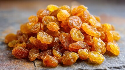A vibrant pile of golden raisins rests on a textured wooden surface. Their glossy sheen and warm color highlight their sweetness. These dried fruits are perfect for snacking or baking.