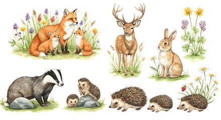 Watercolor illustration of woodland animals in a natural environment