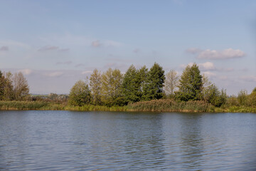 the yellowing foliage of deciduous trees and the river in the autumn season