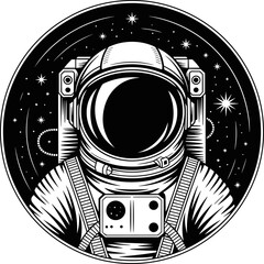 Illustrative Design of a Retro Futuristic Astronaut Helmet Surrounded by Stars and Cosmic Elements in a Circular Emblem Style © MD FARID