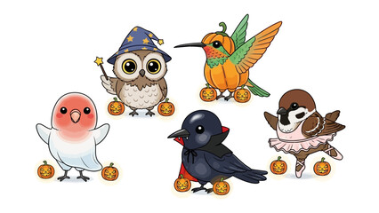 Whimsical Halloween Birdies: Adorable illustrated avian creatures donned in costumes gather for a festive Halloween, their playful appearances capturing the spirit of the holiday season. 