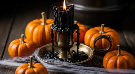 A black candle atop a brass holder surrounded by small pumpkins and spiderwebs on a wooden surface