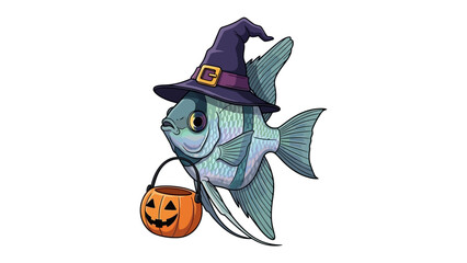 Halloween Angelfish: A charming illustration of an Angelfish, adorably dressed in a witch's hat, carrying a jack-o'-lantern bucket, and all ready for a spooky holiday celebration.