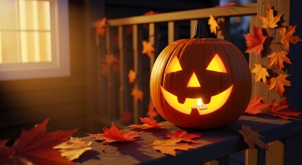 A jackolantern with candle on porch surrounded by maple leaves window light in background