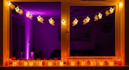 Halloween window Ghost lights strung above pumpkin lights below