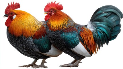Fototapeta premium Rooster's Colorful Display: Two vibrant roosters stand in a detailed showcase of their plumage, with bright orange, red and green feathers. 