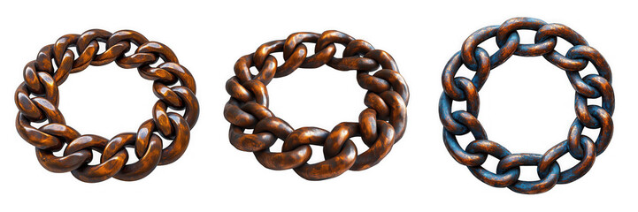Fototapeta premium Three rustic copper chain links arranged in a circular pattern, isolated on transparent background