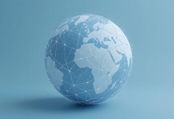 Digital network globe on blue background representing worldwide connection and communication