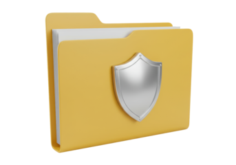 Isolated yellow folder with silver shield icon representing data protection and secure confidential documents digital safety and privacy concept
