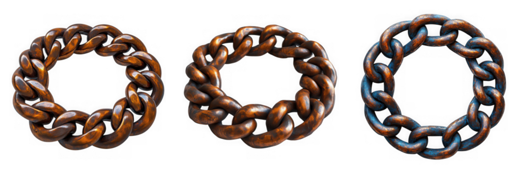 Three rustic copper chain links arranged in a circular pattern, isolated on transparent background