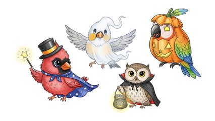 Halloween Birds Illustrations: Festive illustration of five adorable birds dressed up in Halloween costumes, embodying the spirit of autumn and fun.